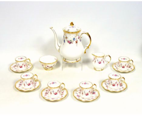 Royal Crown Derby 'Royal Antoinette' part coffee set comprising coffee pot, cream jug, sugar bowl, 6 coffee cans and 6 saucer