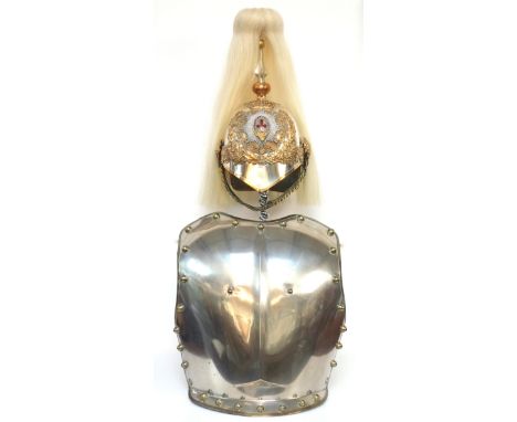 Coldstream Guard's steel and brass helmet with horsehair plume and chin strap; breast plate, H.41cm; name plate inscribed "26