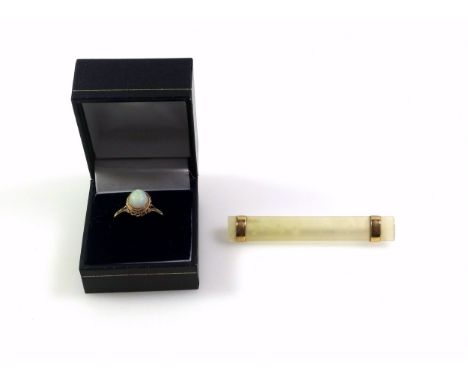 9ct gold ring set cabochon opal by F R B Ltd., Birmingham, 1970, 1.9grs, cased, and an agate bar brooch with gold mounts by C