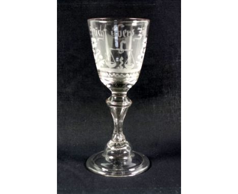 18th Century German soda glass wine glass with a conical bowl engraved with a pair of scales, flowers, and script above "nich