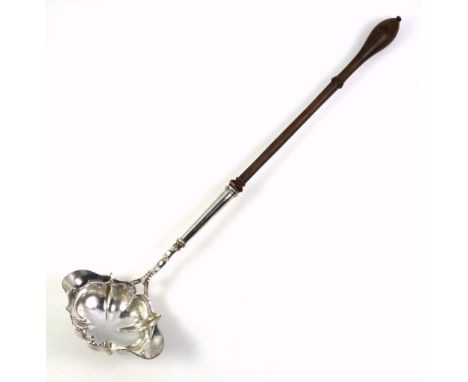 Mid 18th Century Georgian silver punch ladle, the lobed bowl with 2 spouts and engraved "I F" with a mullet between, on a C s