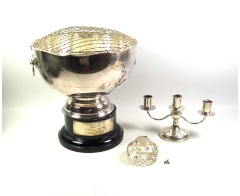 Silver 2 branch candelabrum, Birmingham, 1956, H.12 x W.21cm approx.; Edwardian hobnail cut glass inkwell mounted with a hing