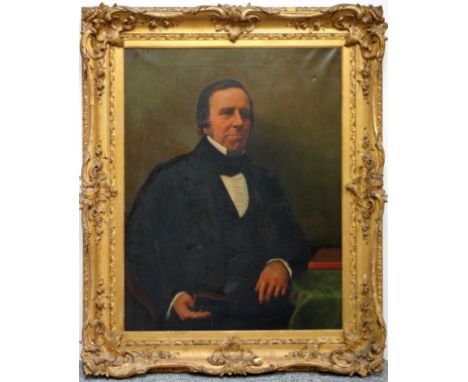 English School, Late 19th Century, portrait of a gentleman, seated at a table with books, oil on canvas, 89.5 x 69cm, (restor