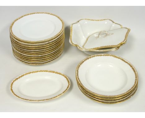 Haviland &amp; Co., Limoges, part dinner service of 20 pieces, decorated with gilt foliate rims, (some pieces a/f); Minton pa