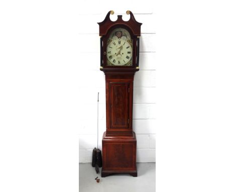 George III longcase clock with a painted dial inscribed "Abraham, Frome", seconds dial, calendar aperture, and phases of the 