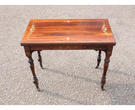 Fine Late Victorian rosewood rectangular folding top card table inlaid with ivory and boxwood urns, scrolling floral decorati