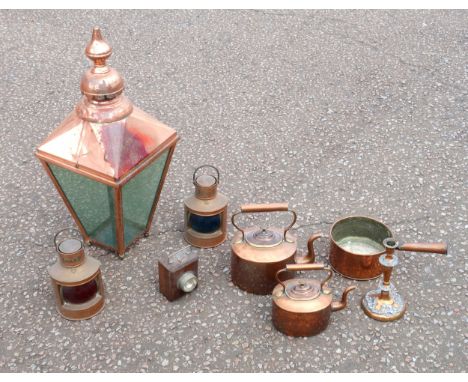 Large copper tapering square section lantern with glazed panels and urn finial, H.70cm; pair of ship's copper "Port" and "Sta