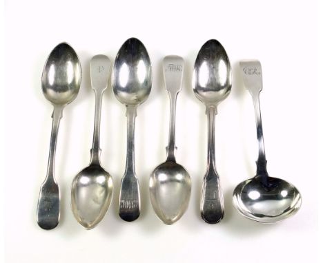 William IV silver Fiddle Pattern sauce ladle, by John, Henry &amp; Charles Lias, London, 1831; George III dessert spoon, by T