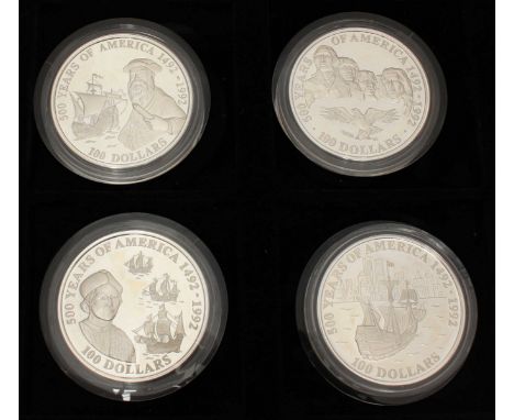 A set of four large silver medallions celebrating, '500 Years of America,' each proof struck with ERII Third Portrait obverse