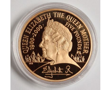 Queen Elizabeth The Queen Mother Centenary Year Gold Five Pound Piece, 2000, ERII Fourth Portrait Obverse, QEQM Portrait reve