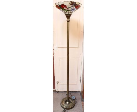 A modern patinated metal standard lamp with Tiffany 'style' coloured floral and dragonfly shade, together with a small quanti