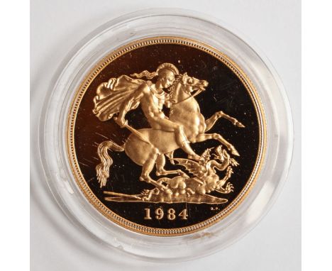Queen Elizabeth II Gold Five Pound Piece, Decimal Portrait, Proof Struck, 1984, in plastic capsule