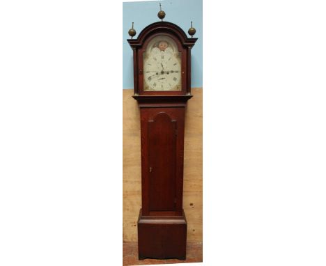 An early 19th century 8-day longcase clock, movement striking a bell, arched painted dial with moonphase, subsidiary seconds 