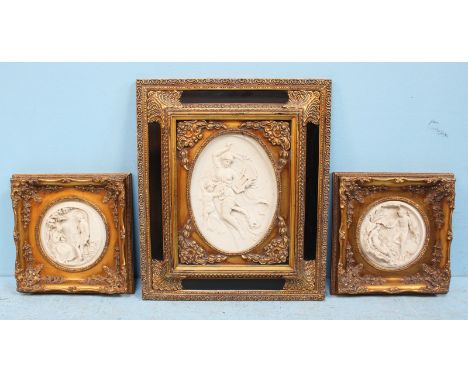 Three various reconstituted marble, relief moulded portrait plaques in the classical style, all in gilt frames. Largest piece