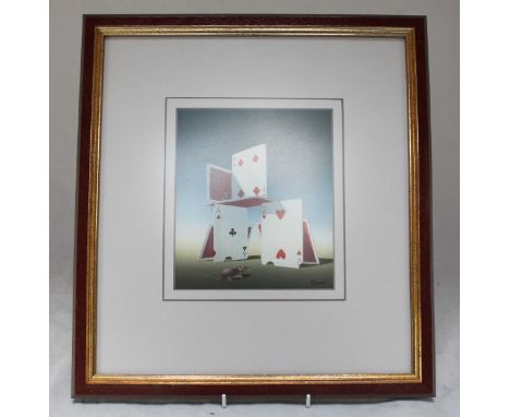 Norman C. Black, British (1920 - 1999) Surrealist study depicting a house of cards with rats playing. Signed, watercolour, mo
