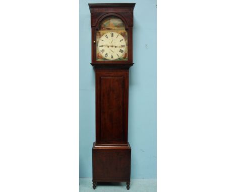 A George III mahogany 8-day longcase clock, the white dial with Roman numerals denoting hours, the arched top and spandrels p