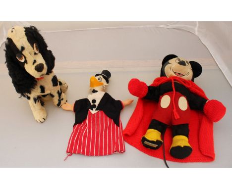 A Merrythought Mickey Mouse, 33cm, together with a Merrythought dalmatian  dog and a Scrooge McDuck hand-puppet