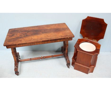 A 19th century rosewood rectangular occasional table, raised on twin-turned trestle supports, together with a 19th C mahogany