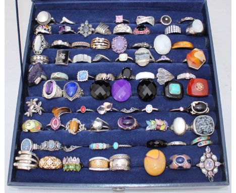 Seventy-seven modern silver rings, including Suarti and QVC etc, variously set with gemstones, polished hardstones and enamel