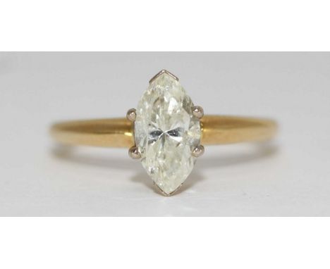 A ladies 18ct yellow gold and solitaire marquise-cut diamond ring, the claw-set marquise diamond measuring approximately 5.35