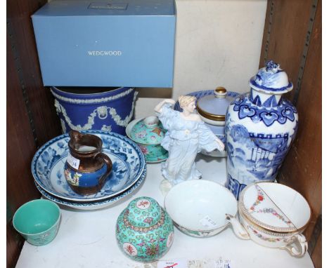 SECTION 22.  A Chinese blue and white vase and cover, a ceramic invalid feeder and a Wedgwood porcelain figure etc.