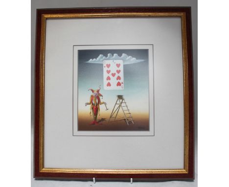 Norman C. Black, British (1920 - 1999) Surrealist study depicting a jester and a playing card nailed to a cloud. Signed, wate