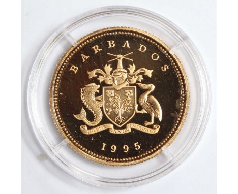 A 1995 Barbados $10 Gold Coin, Queen Elizabeth The Queen Mother Engagement Portrait, 1923, (14ct) .5830 Fineness, 7.776grms, 