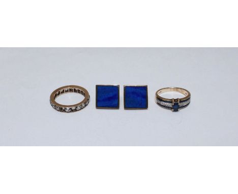 A 9ct gold sapphire and diamond ring and a 9ct gold eternity ring (as found), together with a pair of 9ct gold and blue ename