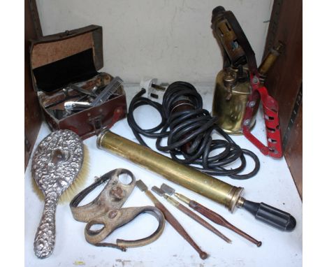 SECTION 28.  A silver-backed hairbrush together with a 'Monitor No.26' brass paraffin blowtorch, vintage barbers tools, pair 