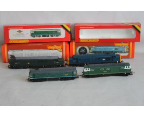 FOUR BOXED HORNBY DIESEL LOCOMOTIVES to include R.074 Hymek, R.072 BR Class 25 Green, R.347 BR Class 37 Green, R.369 BR Class
