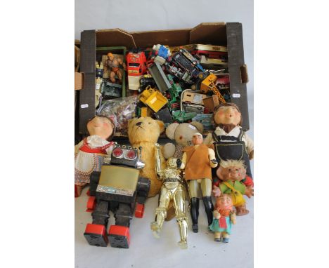 TWO BOXES OF MIXED TOYS TO INCLUDE: playworn diecast by Corgi, Dinky etc. plastic farmyard animals, vintage teddies/Trolls, c