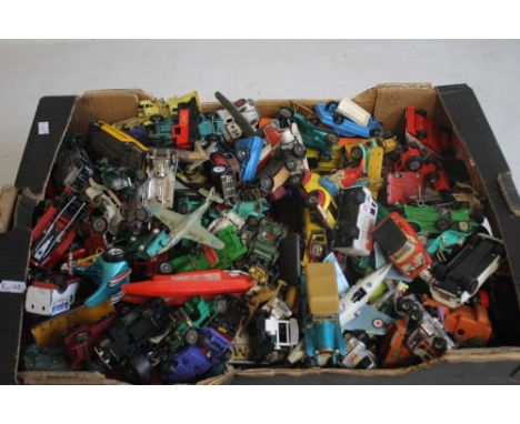 A BOX OF PLAYWORN DIECAST VEHICLES to include Corgi, Matchbox, Lledo etc.