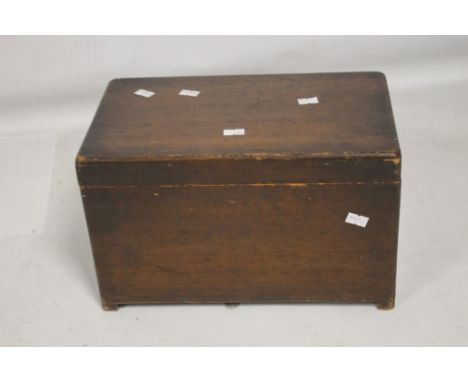 A VINTAGE WOODEN SEWING BOX AND CONTENTS, and a hip flask with fitted plated cup