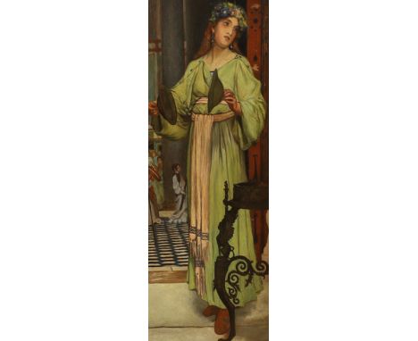 After Sir Lawrence Alma-Tadema (Dutch, 1836-1912), oil on millboard, Woman holding cymbals, 47 x 17.5cm