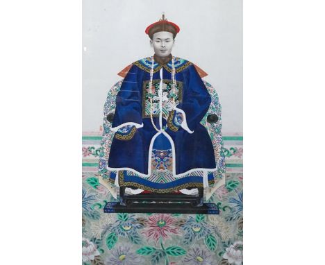 Early 20th century Chinese School, gouache, collage and photograph, Ancestor portrait, 103 x 64cm