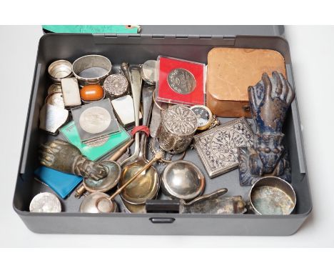 A collection of silver and white metal pill boxes, niello purse, lorgnette and assorted collectables