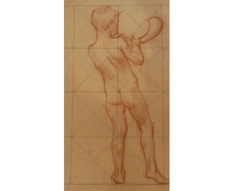 Pre-Raphaelite School, sanguine chalk on buff paper, Gridlined sketch of a putto blowing a horn, 43 x 24cm