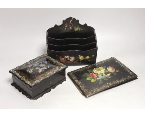 A Victorian mother of pearl papier mache box and blotter and a similar letter rack,  box 17.5cm wide, 13cm deep