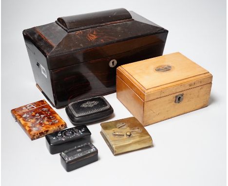 A Victorian Coromandel box containing a Victorian tortoiseshell mother-of-pearl inlaid card case, a Mauchline ware box and ot