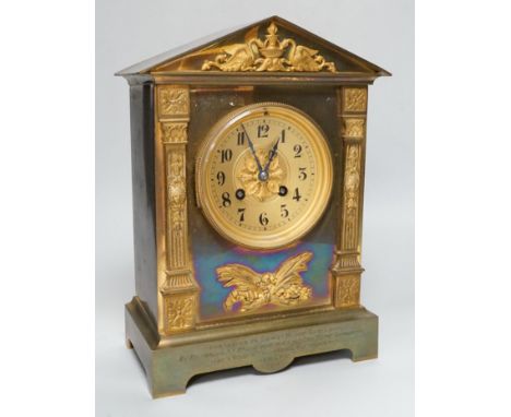 A French ormolu mounted brass architectural mantel clock with Surrey Yeomanry 1908 inscription, 29cm