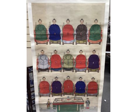 A Chinese ancestor scroll painting on paper, late Qing dynasty, depicting fifteen women seated in formal robes, with two atte