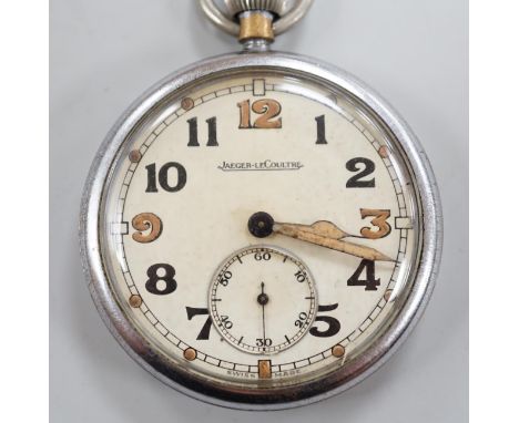 A nickel cased Jaeger LeCoultre military issue pocket watch, with Arabic dial and subsidiary seconds, the case back numbered 