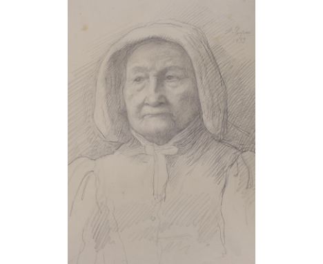 Alphonse Legros (French, 1837-1911), pencil drawing, Portrait of a woman wearing a bonnet, signed and dated 1899, 31.5 x 24.5