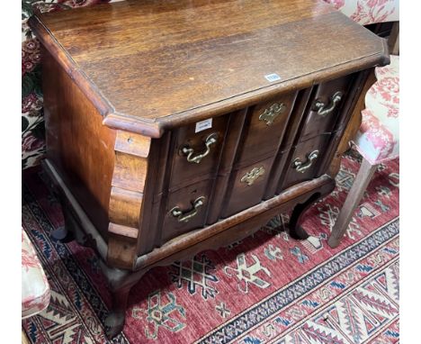A French oak and walnut two drawer commode, width 81cm, depth 45cm, height 75cm