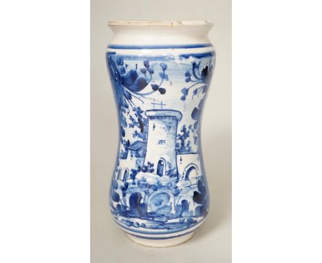 An Italian maiolica albarello, inscribed 1702, 20.5cm high