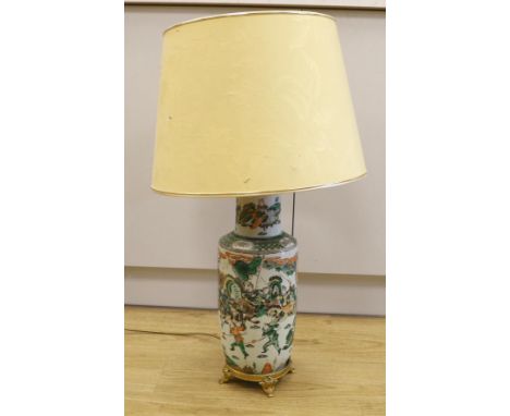 A 19th century Chinese famille verte rouleau vase with gilt metal base, now as a lamp, vase base 48cm high