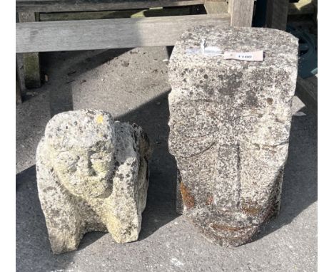 An 'Inca' carved stone head and another of a crouching figure, tallest 43cm