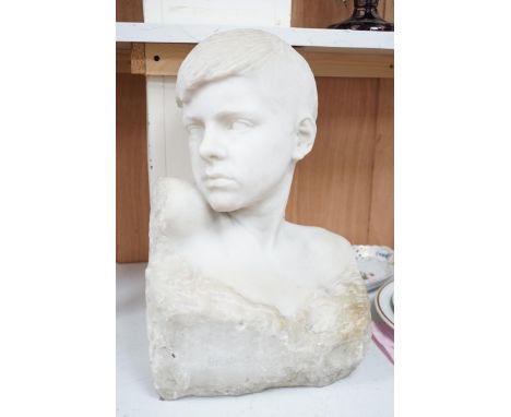 A carved Carrara marble portrait bust of a youth, unsigned, 46cm