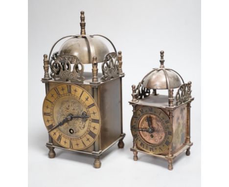 Two reproduction brass lantern clocks, tallest 24cm high