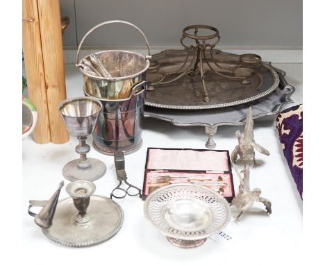 Three plated trays, a cased three piece mother of pearl handled cutlery set, etc.